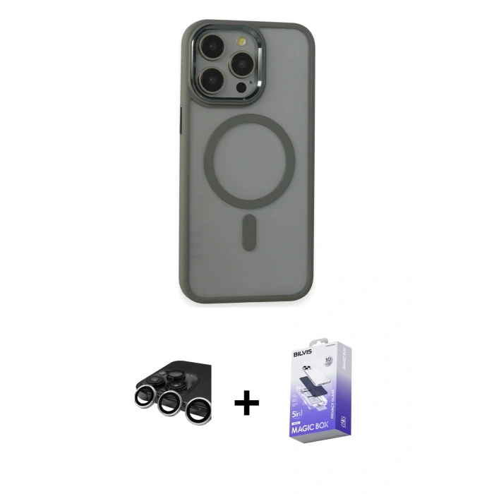 MARSİLYAN™- iPhone 15 Pro Max Kılıf Yankı Işık Özel Seri - Siyah Bilvis 5in1 5D Magic Hayalet Cam Ekran Koruyucu + Raze Metal Kamera Lens - GS
