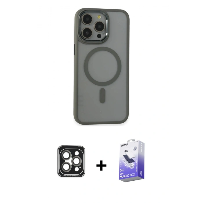 MARSİLYAN™- iPhone 15 Pro Max Kılıf Yankı Işık Özel Seri - Siyah Bilvis 5in1 5D Magic Hayalet Cam Ekran Koruyucu + PVD Metal Kamera Lens - GI