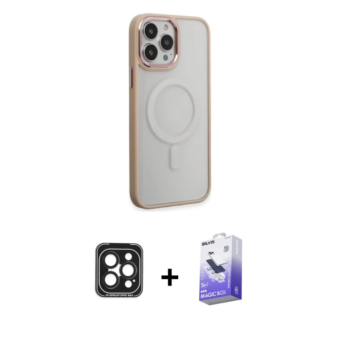 MARSİLYAN™- iPhone 15 Pro Max Kılıf Yankı Işık Özel Seri - Siyah Bilvis 5in1 5D Magic Hayalet Cam Ekran Koruyucu + PVD Metal Kamera Lens - SH