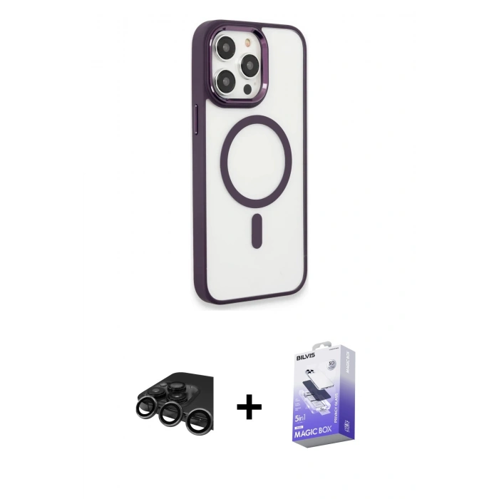 MARSİLYAN™- iPhone 15 Pro Max Kılıf Yankı Işık Özel Seri - Siyah Bilvis 5in1 5D Magic Hayalet Cam Ekran Koruyucu + Raze Metal Kamera Lens - TMGI