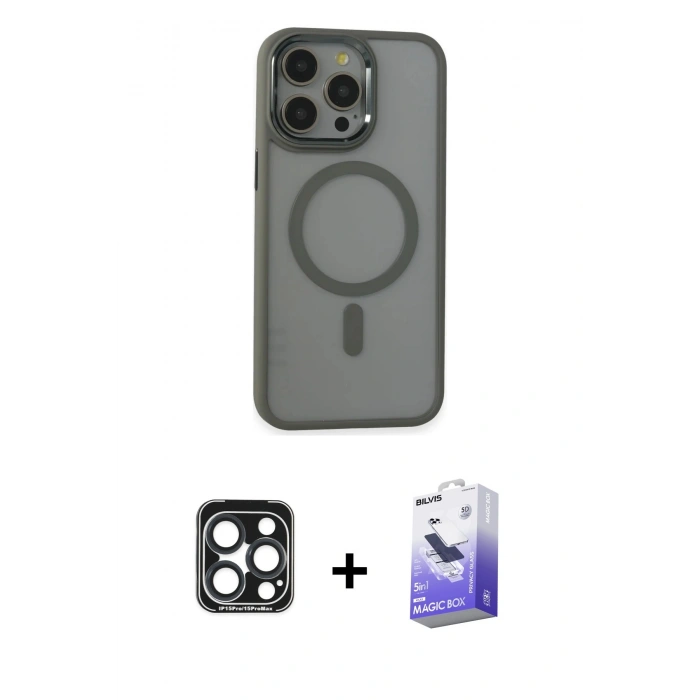 MARSİLYAN™- iPhone 15 Pro Max Kılıf Yankı Işık Özel Seri - Siyah Bilvis 5in1 5D Magic Hayalet Cam Ekran Koruyucu + PVD Metal Kamera Lens - LT