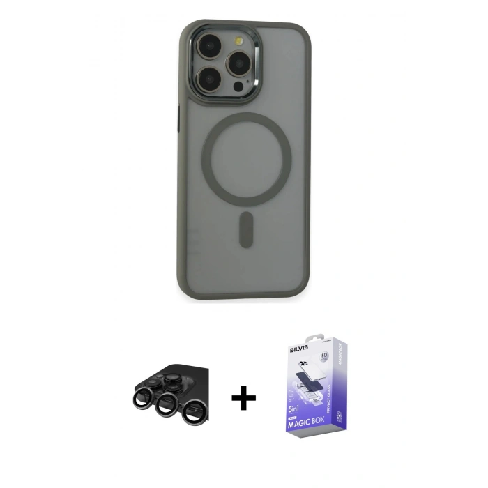 MARSİLYAN™- iPhone 15 Pro Max Kılıf Yankı Işık Özel Seri - Siyah Bilvis 5in1 5D Magic Hayalet Cam Ekran Koruyucu + Raze Metal Kamera Lens - TMGI