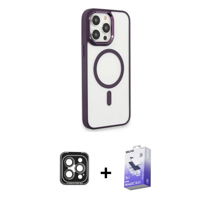 MARSİLYAN™- iPhone 15 Pro Max Kılıf Yankı Işık Özel Seri - Siyah Bilvis 5in1 5D Magic Hayalet Cam Ekran Koruyucu + PVD Metal Kamera Lens - GI