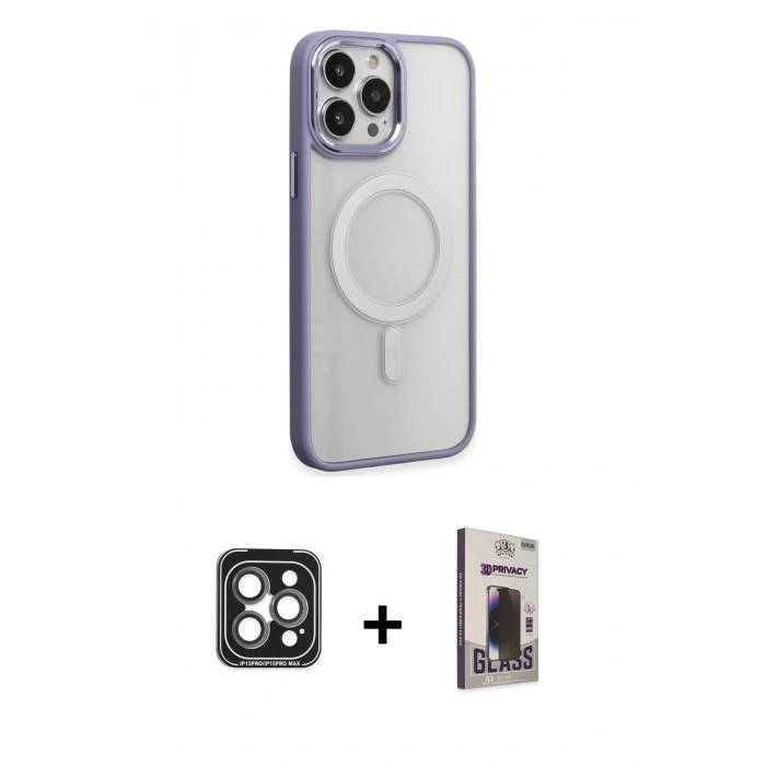 MARSİLYAN™- iPhone 15 Pro Max Kılıf Yankı Işık Özel Seri - Siyah Bilvis Hayalet Cam Ekran Koruyucu + PVD Metal Kamera Lens - GI