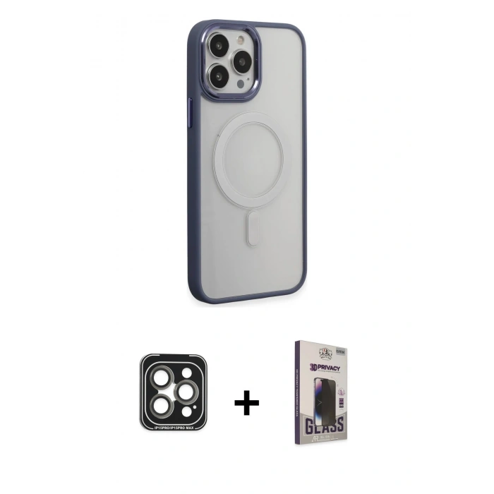 MARSİLYAN™- iPhone 15 Pro Max Kılıf Yankı Işık Özel Seri - Siyah Bilvis Hayalet Cam Ekran Koruyucu + PVD Metal Kamera Lens - GI