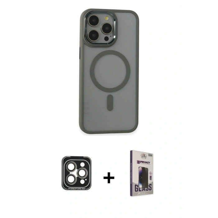 MARSİLYAN™- iPhone 15 Pro Max Kılıf Yankı Işık Özel Seri - Siyah Bilvis Hayalet Cam Ekran Koruyucu + PVD Metal Kamera Lens - GI
