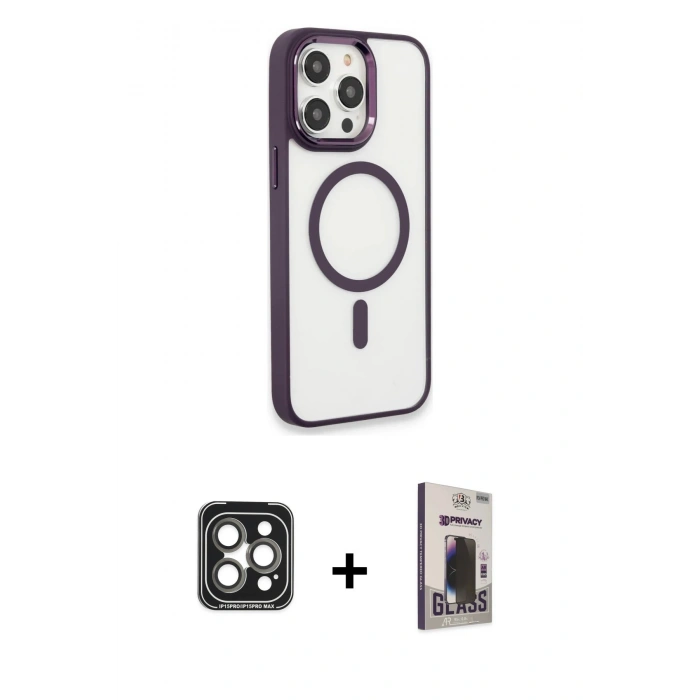 MARSİLYAN™- iPhone 15 Pro Max Kılıf Yankı Işık Özel Seri - Siyah Bilvis Hayalet Cam Ekran Koruyucu + PVD Metal Kamera Lens - GI