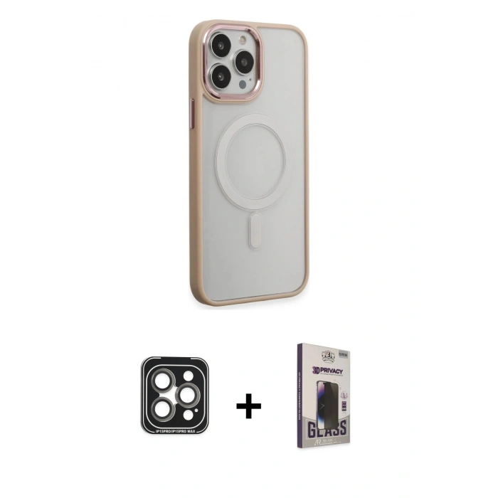 MARSİLYAN™- iPhone 15 Pro Max Kılıf Yankı Işık Özel Seri - Siyah Bilvis Hayalet Cam Ekran Koruyucu + PVD Metal Kamera Lens - GI