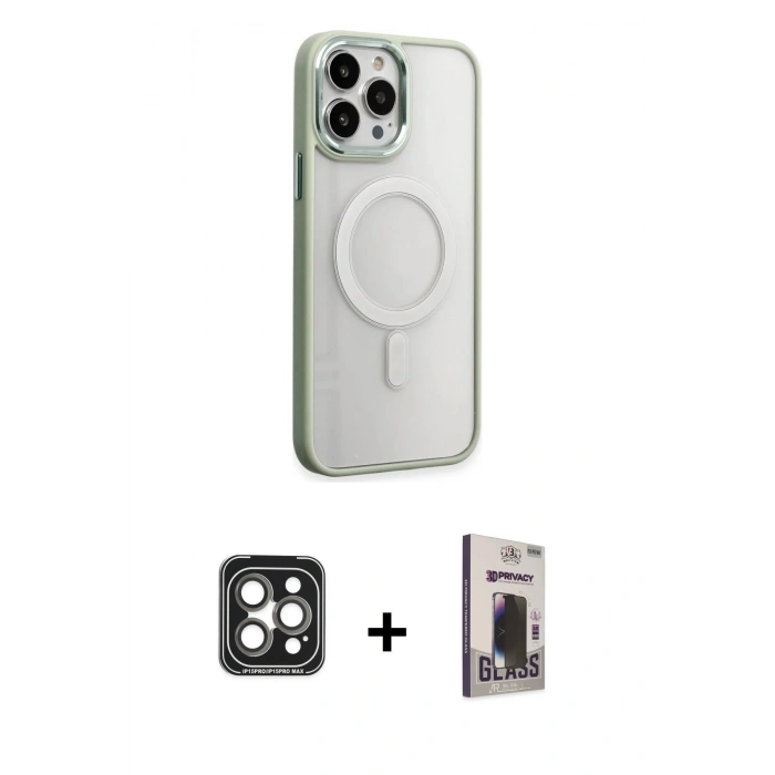 MARSİLYAN™- iPhone 15 Pro Max Kılıf Yankı Işık Özel Seri - Siyah Bilvis Hayalet Cam Ekran Koruyucu + PVD Metal Kamera Lens - GI