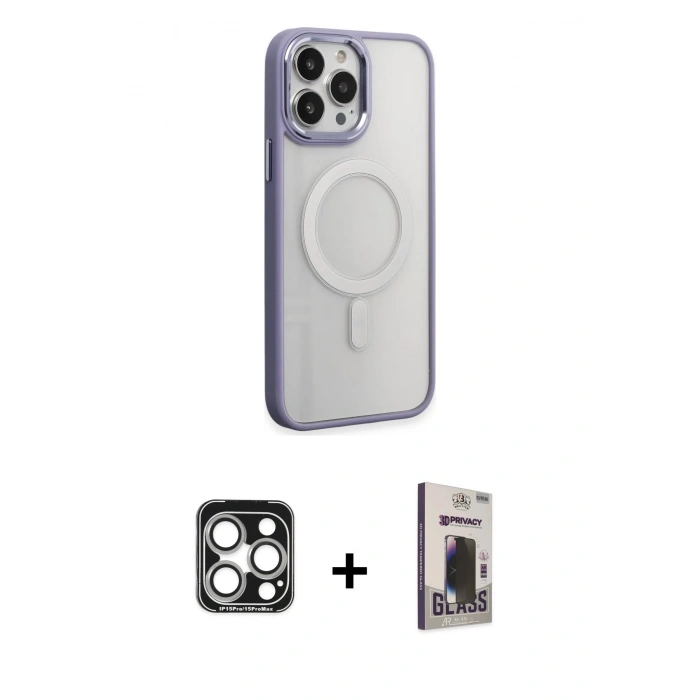 MARSİLYAN™- iPhone 15 Pro Max Kılıf Yankı Işık Özel Seri - Siyah Bilvis Hayalet Cam Ekran Koruyucu + PVD Metal Kamera Lens - GS
