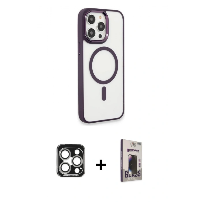 MARSİLYAN™- iPhone 15 Pro Max Kılıf Yankı Işık Özel Seri - Siyah Bilvis Hayalet Cam Ekran Koruyucu + PVD Metal Kamera Lens - GS