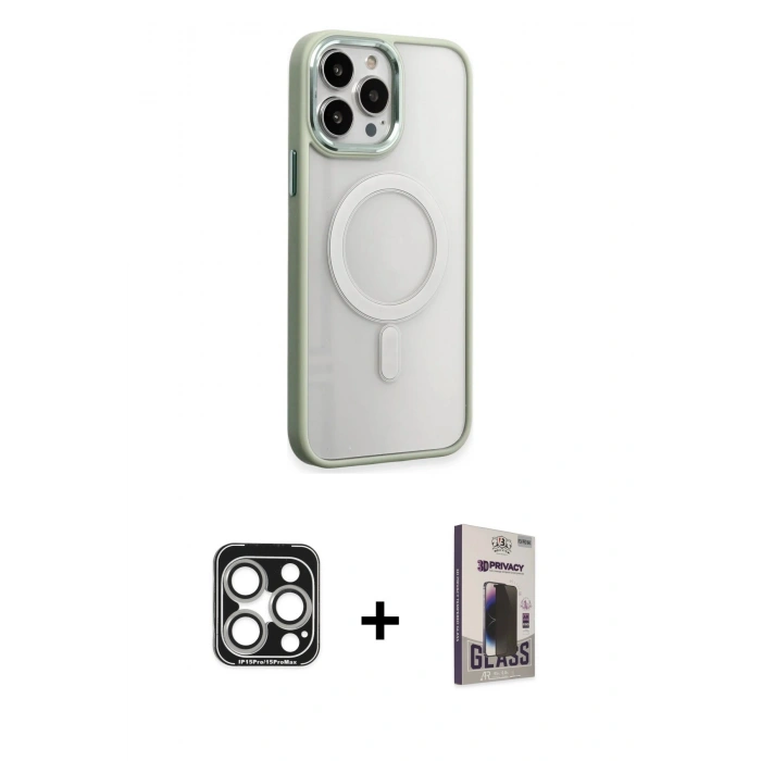 MARSİLYAN™- iPhone 15 Pro Max Kılıf Yankı Işık Özel Seri - Siyah Bilvis Hayalet Cam Ekran Koruyucu + PVD Metal Kamera Lens - GS