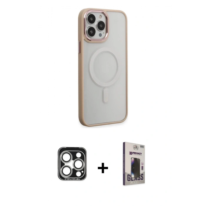 MARSİLYAN™- iPhone 15 Pro Max Kılıf Yankı Işık Özel Seri - Siyah Bilvis Hayalet Cam Ekran Koruyucu + PVD Metal Kamera Lens - GS