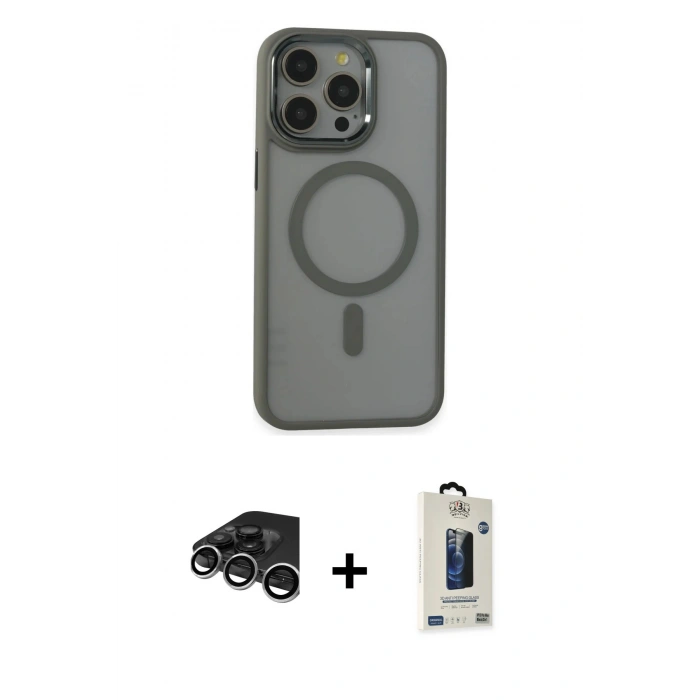MARSİLYAN™- iPhone 15 Pro Max Kılıf Yankı Işık Özel Seri - Siyah Bilvis Hayalet Cam Ekran Koruyucu + Gümüş Raze Metal Kamera Lens