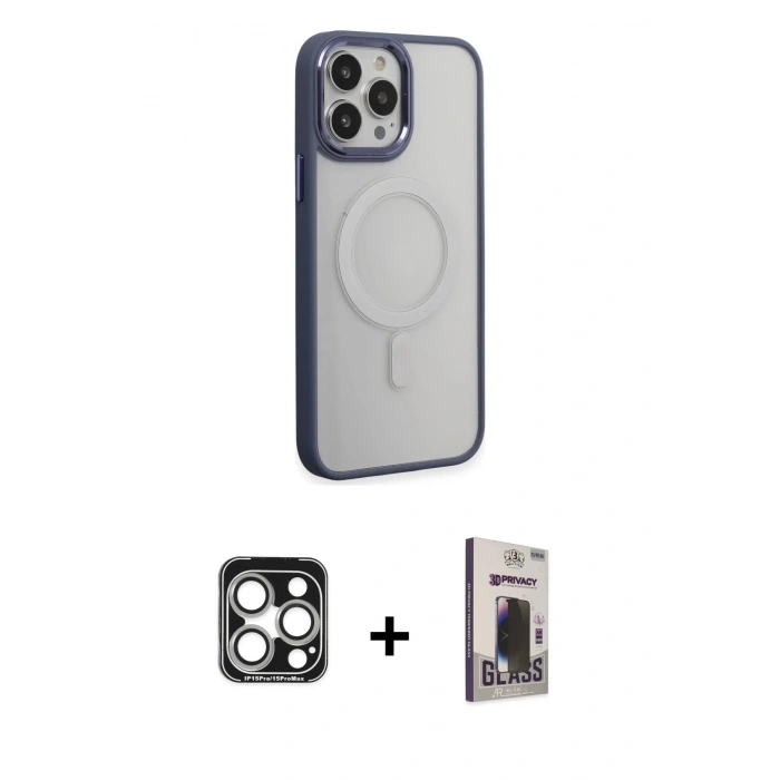 MARSİLYAN™- iPhone 15 Pro Max Kılıf Yankı Işık Özel Seri - Siyah Bilvis Hayalet Cam Ekran Koruyucu + PVD Metal Kamera Lens - GS