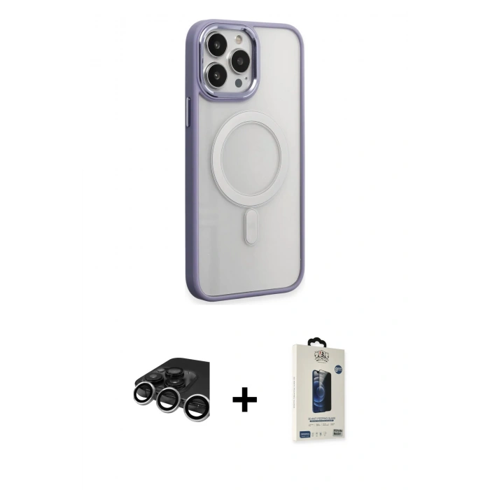 MARSİLYAN™- iPhone 15 Pro Max Kılıf Yankı Işık Özel Seri - Siyah Bilvis Hayalet Cam Ekran Koruyucu + Gümüş Raze Metal Kamera Lens