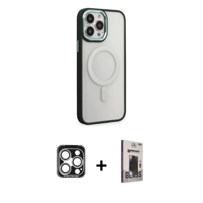 MARSİLYAN™- iPhone 15 Pro Max Kılıf Yankı Işık Özel Seri - Siyah Bilvis Hayalet Cam Ekran Koruyucu + PVD Metal Kamera Lens - GS