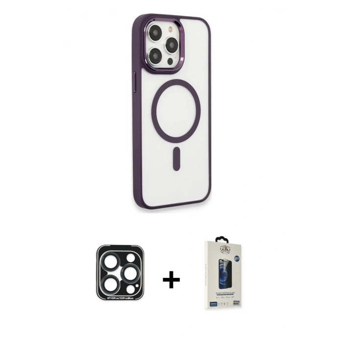 MARSİLYAN™- iPhone 15 Pro Max Kılıf Yankı Işık Özel Seri - Siyah Bilvis Hayalet Cam Ekran Koruyucu + PVD Metal Kamera Lens - LT
