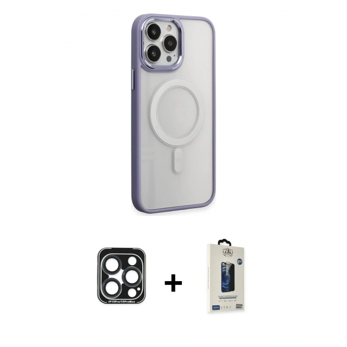 MARSİLYAN™- iPhone 15 Pro Max Kılıf Yankı Işık Özel Seri - Siyah Bilvis Hayalet Cam Ekran Koruyucu + PVD Metal Kamera Lens - LT