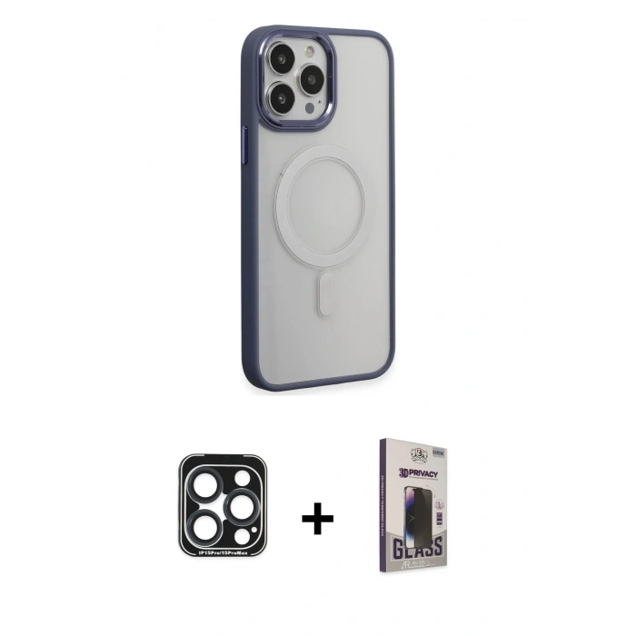 MARSİLYAN™- iPhone 15 Pro Max Kılıf Yankı Işık Özel Seri - Siyah Bilvis Hayalet Cam Ekran Koruyucu + PVD Metal Kamera Lens - LT