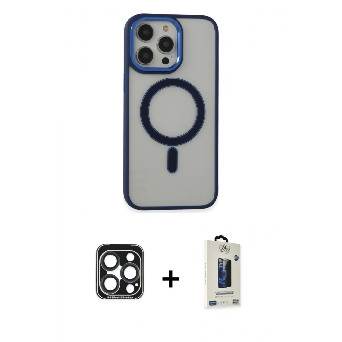 MARSİLYAN™- iPhone 15 Pro Max Kılıf Yankı Işık Özel Seri - Siyah Bilvis Hayalet Cam Ekran Koruyucu + PVD Metal Kamera Lens - LT