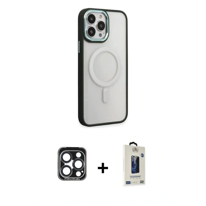 MARSİLYAN™- iPhone 15 Pro Max Kılıf Yankı Işık Özel Seri - Siyah Bilvis Hayalet Cam Ekran Koruyucu + PVD Metal Kamera Lens - LT