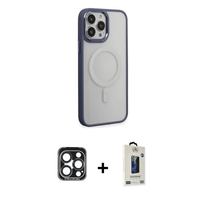 MARSİLYAN™- iPhone 15 Pro Max Kılıf Yankı Işık Özel Seri - Siyah Bilvis Hayalet Cam Ekran Koruyucu + PVD Metal Kamera Lens - LT