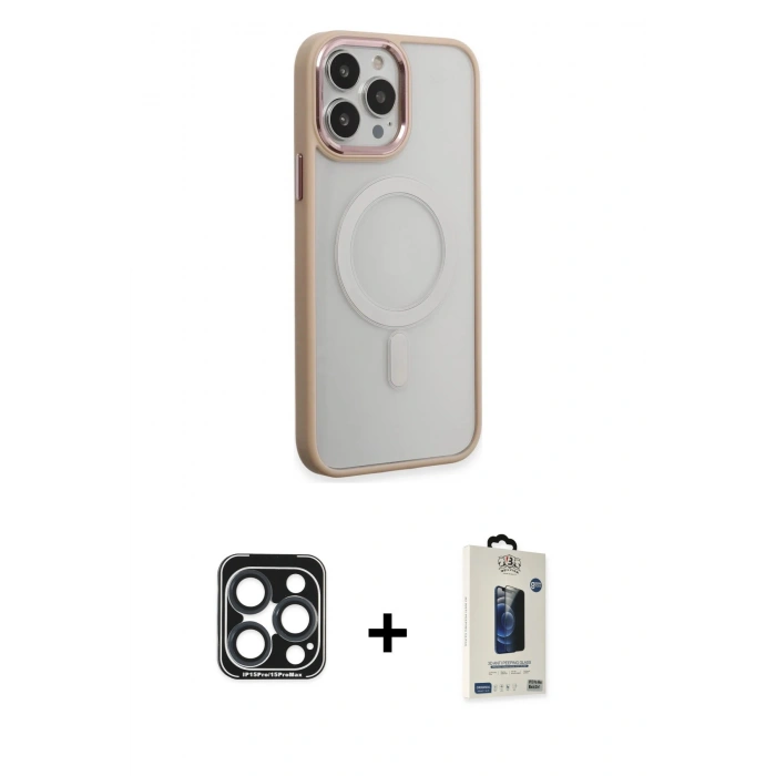 MARSİLYAN™- iPhone 15 Pro Max Kılıf Yankı Işık Özel Seri - Siyah Bilvis Hayalet Cam Ekran Koruyucu + PVD Metal Kamera Lens - LT