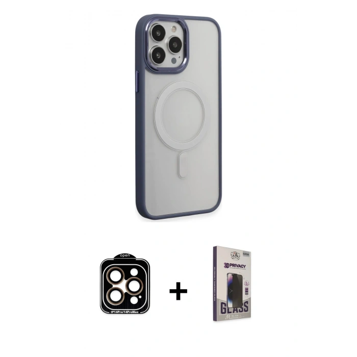 MARSİLYAN™- iPhone 15 Pro Max Kılıf Yankı Işık Özel Seri - Siyah Bilvis Hayalet Cam Ekran Koruyucu + PVD Metal Kamera Lens - TU