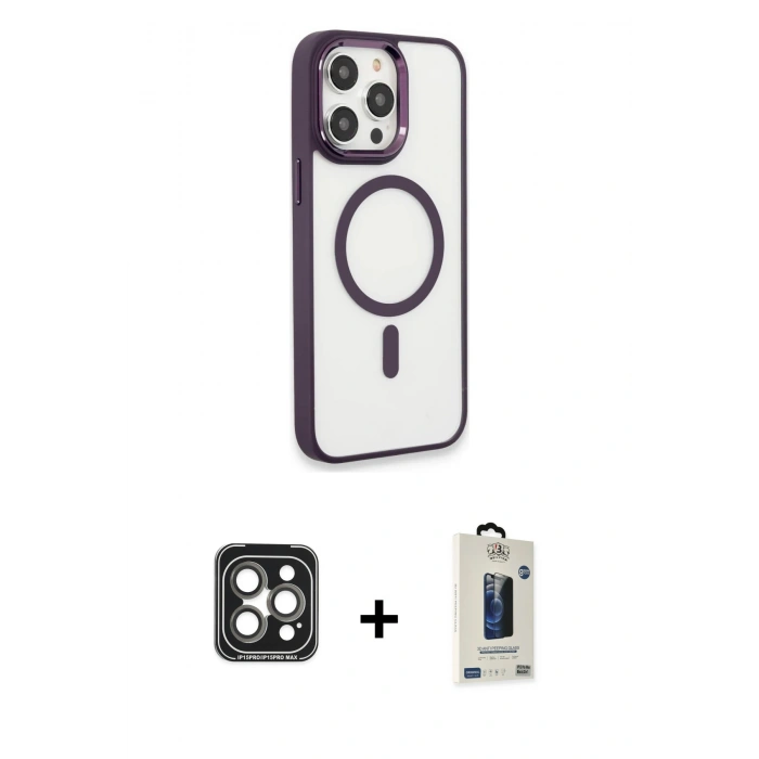 MARSİLYAN™- iPhone 15 Pro Max Kılıf Yankı Işık Özel Seri - Siyah Bilvis Hayalet Cam Ekran Koruyucu + PVD Metal Kamera Lens - GI