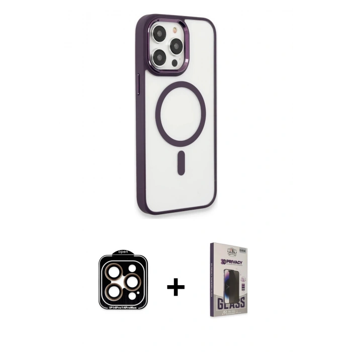 MARSİLYAN™- iPhone 15 Pro Max Kılıf Yankı Işık Özel Seri - Siyah Bilvis Hayalet Cam Ekran Koruyucu + PVD Metal Kamera Lens - TU
