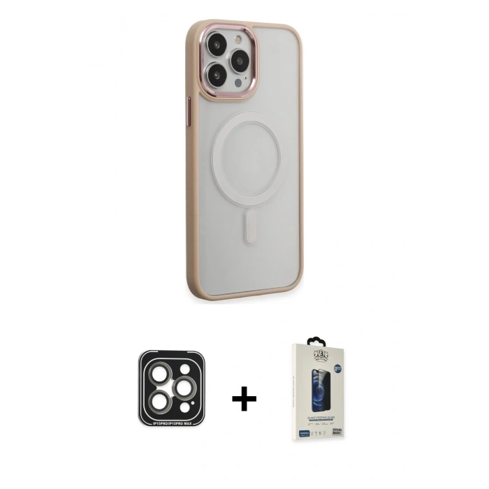 MARSİLYAN™- iPhone 15 Pro Max Kılıf Yankı Işık Özel Seri - Siyah Bilvis Hayalet Cam Ekran Koruyucu + PVD Metal Kamera Lens - GI