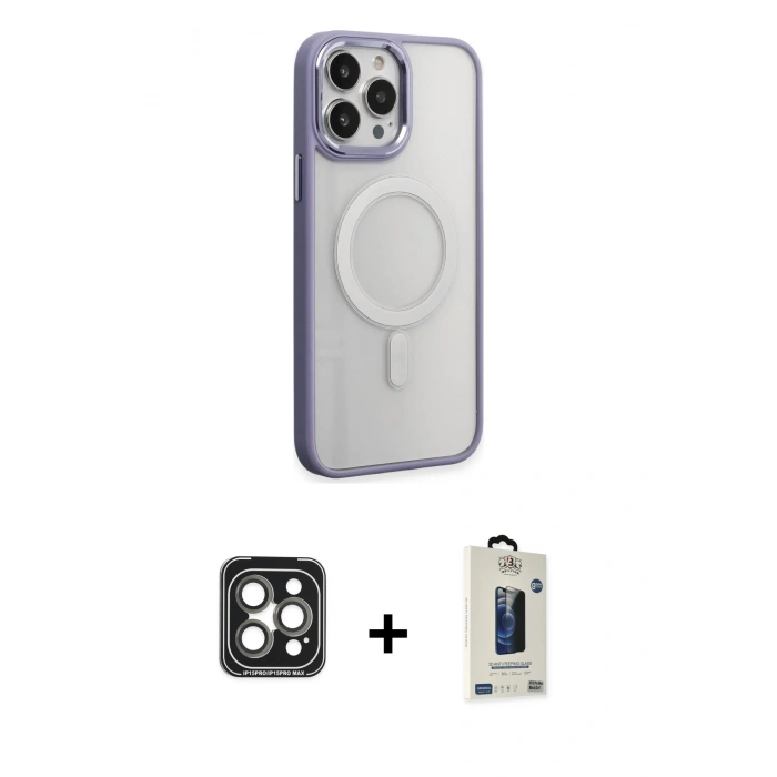MARSİLYAN™- iPhone 15 Pro Max Kılıf Yankı Işık Özel Seri - Siyah Bilvis Hayalet Cam Ekran Koruyucu + PVD Metal Kamera Lens - GI