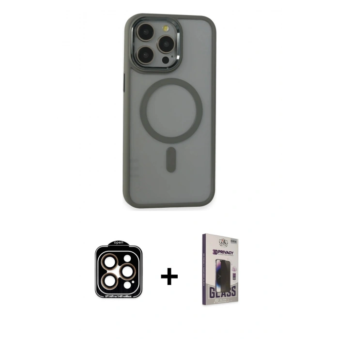 MARSİLYAN™- iPhone 15 Pro Max Kılıf Yankı Işık Özel Seri - Siyah Bilvis Hayalet Cam Ekran Koruyucu + PVD Metal Kamera Lens - TU