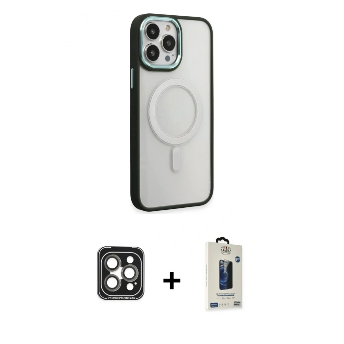 MARSİLYAN™- iPhone 15 Pro Max Kılıf Yankı Işık Özel Seri - Siyah Bilvis Hayalet Cam Ekran Koruyucu + PVD Metal Kamera Lens - GI
