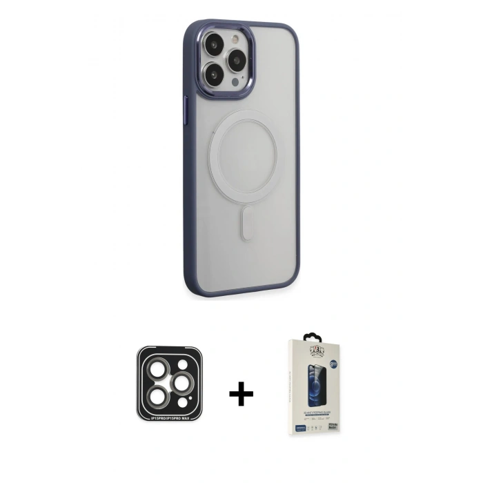 MARSİLYAN™- iPhone 15 Pro Max Kılıf Yankı Işık Özel Seri - Siyah Bilvis Hayalet Cam Ekran Koruyucu + PVD Metal Kamera Lens - GI