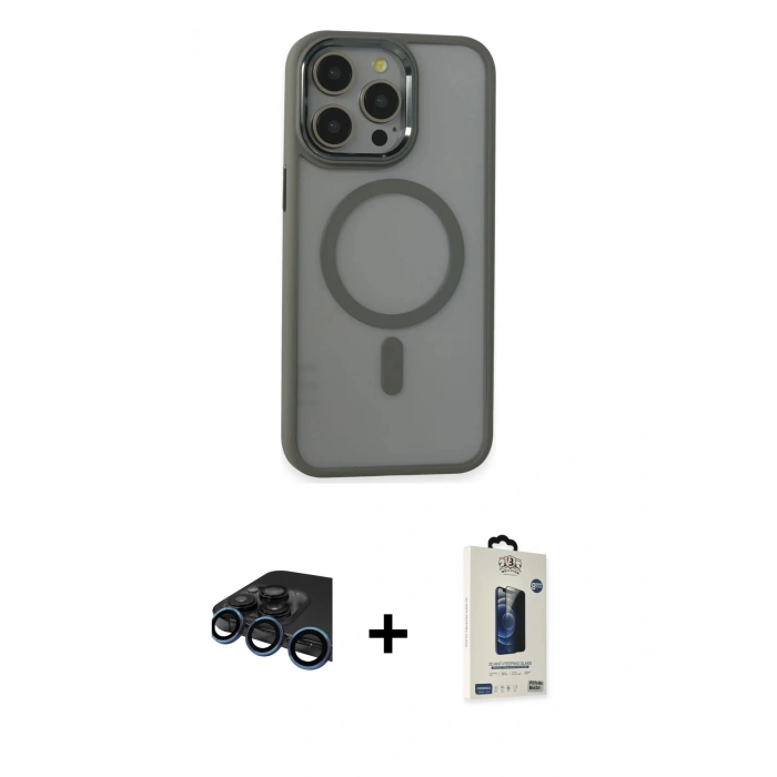 MARSİLYAN™- iPhone 15 Pro Max Kılıf Yankı Işık Özel Seri - Siyah Bilvis Hayalet Cam Ekran Koruyucu + Raze Metal Kamera Lens - LT