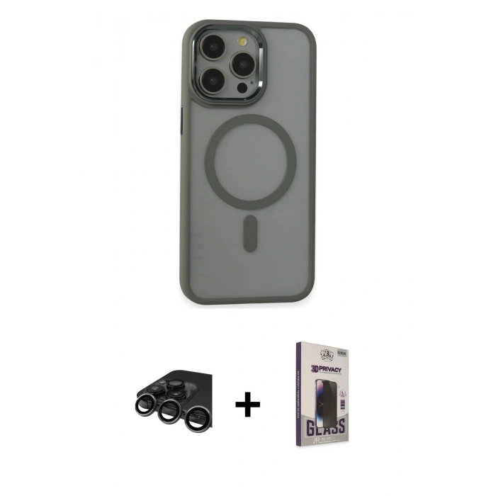 MARSİLYAN™- iPhone 15 Pro Max Kılıf Yankı Işık Özel Seri - Siyah Bilvis Hayalet Cam Ekran Koruyucu + Raze Metal Kamera Lens - TMGI