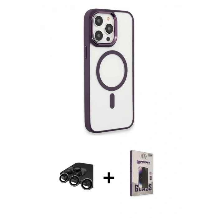 MARSİLYAN™- iPhone 15 Pro Max Kılıf Yankı Işık Özel Seri - Siyah Bilvis Hayalet Cam Ekran Koruyucu + Raze Metal Kamera Lens - TMGI