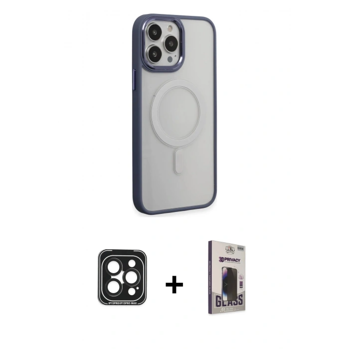 MARSİLYAN™- iPhone 15 Pro Max Kılıf Yankı Işık Özel Seri - Siyah Bilvis Hayalet Cam Ekran Koruyucu + Siyah PVD Metal Kamera Lens