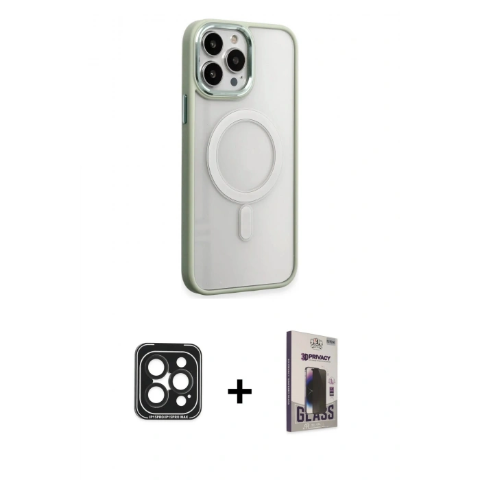 MARSİLYAN™- iPhone 15 Pro Max Kılıf Yankı Işık Özel Seri - Siyah Bilvis Hayalet Cam Ekran Koruyucu + Siyah PVD Metal Kamera Lens