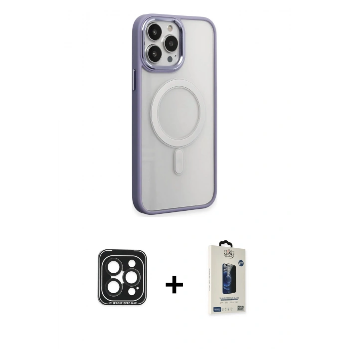 MARSİLYAN™- iPhone 15 Pro Max Kılıf Yankı Işık Özel Seri - Siyah Bilvis Hayalet Cam Ekran Koruyucu + PVD Metal Kamera Lens - SH