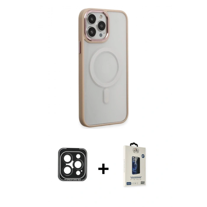 MARSİLYAN™- iPhone 15 Pro Max Kılıf Yankı Işık Özel Seri - Siyah Bilvis Hayalet Cam Ekran Koruyucu + PVD Metal Kamera Lens - SH