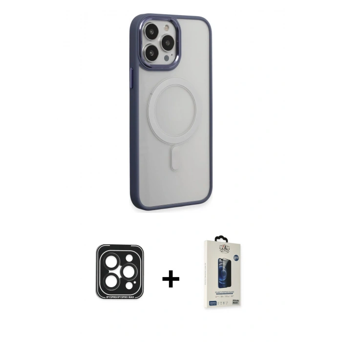 MARSİLYAN™- iPhone 15 Pro Max Kılıf Yankı Işık Özel Seri - Siyah Bilvis Hayalet Cam Ekran Koruyucu + PVD Metal Kamera Lens - SH