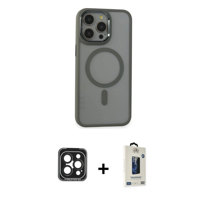 MARSİLYAN™- iPhone 15 Pro Max Kılıf Yankı Işık Özel Seri - Siyah Bilvis Hayalet Cam Ekran Koruyucu + PVD Metal Kamera Lens - SH