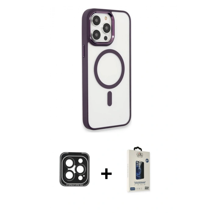 MARSİLYAN™- iPhone 15 Pro Max Kılıf Yankı Işık Özel Seri - Siyah Bilvis Hayalet Cam Ekran Koruyucu + PVD Metal Kamera Lens - SH
