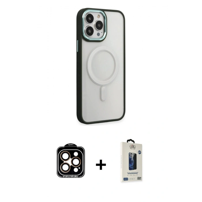 MARSİLYAN™- iPhone 15 Pro Max Kılıf Yankı Işık Özel Seri - Siyah Bilvis Hayalet Cam Ekran Koruyucu + Turuncu PVD Metal Kamera Lens