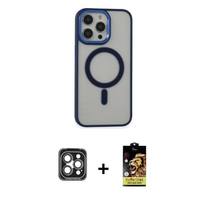MARSİLYAN™- iPhone 15 Pro Max Kılıf Yankı Işık Özel Seri - Siyah Buffer Cam Ekran Koruyucu + Gri PVD Metal Kamera Lens
