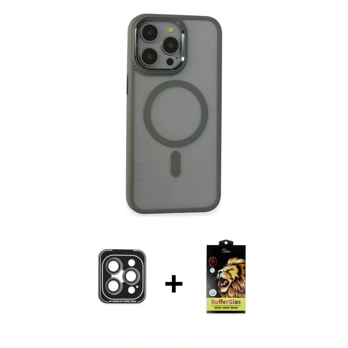 MARSİLYAN™- iPhone 15 Pro Max Kılıf Yankı Işık Özel Seri - Siyah Buffer Cam Ekran Koruyucu + Gri PVD Metal Kamera Lens