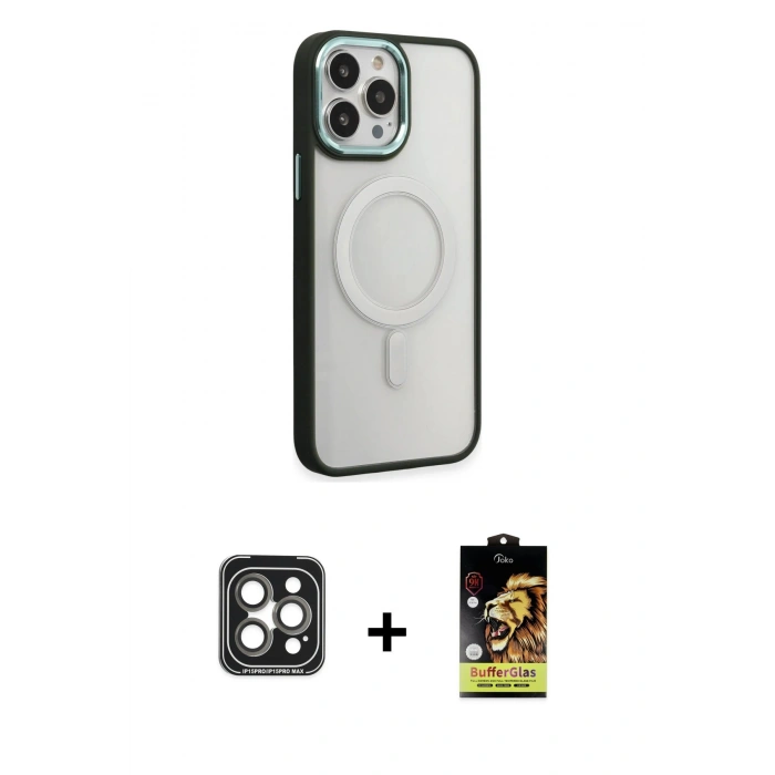 MARSİLYAN™- iPhone 15 Pro Max Kılıf Yankı Işık Özel Seri - Siyah Buffer Cam Ekran Koruyucu + Gri PVD Metal Kamera Lens